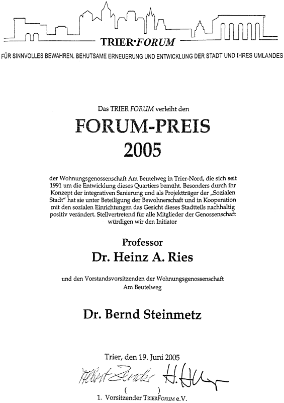 Urkunde: Forum-Preis 2005
