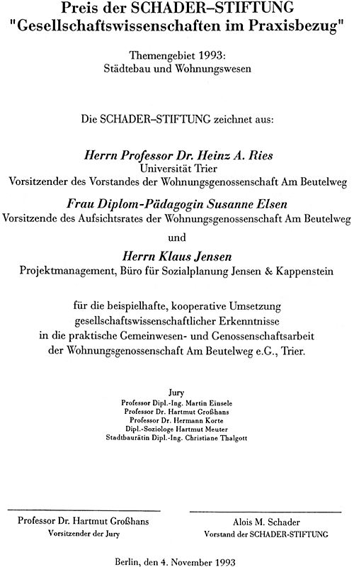 Urkunde: Schader-Stiftung
