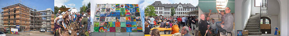 Menschen und Häuser im Stadtviertel